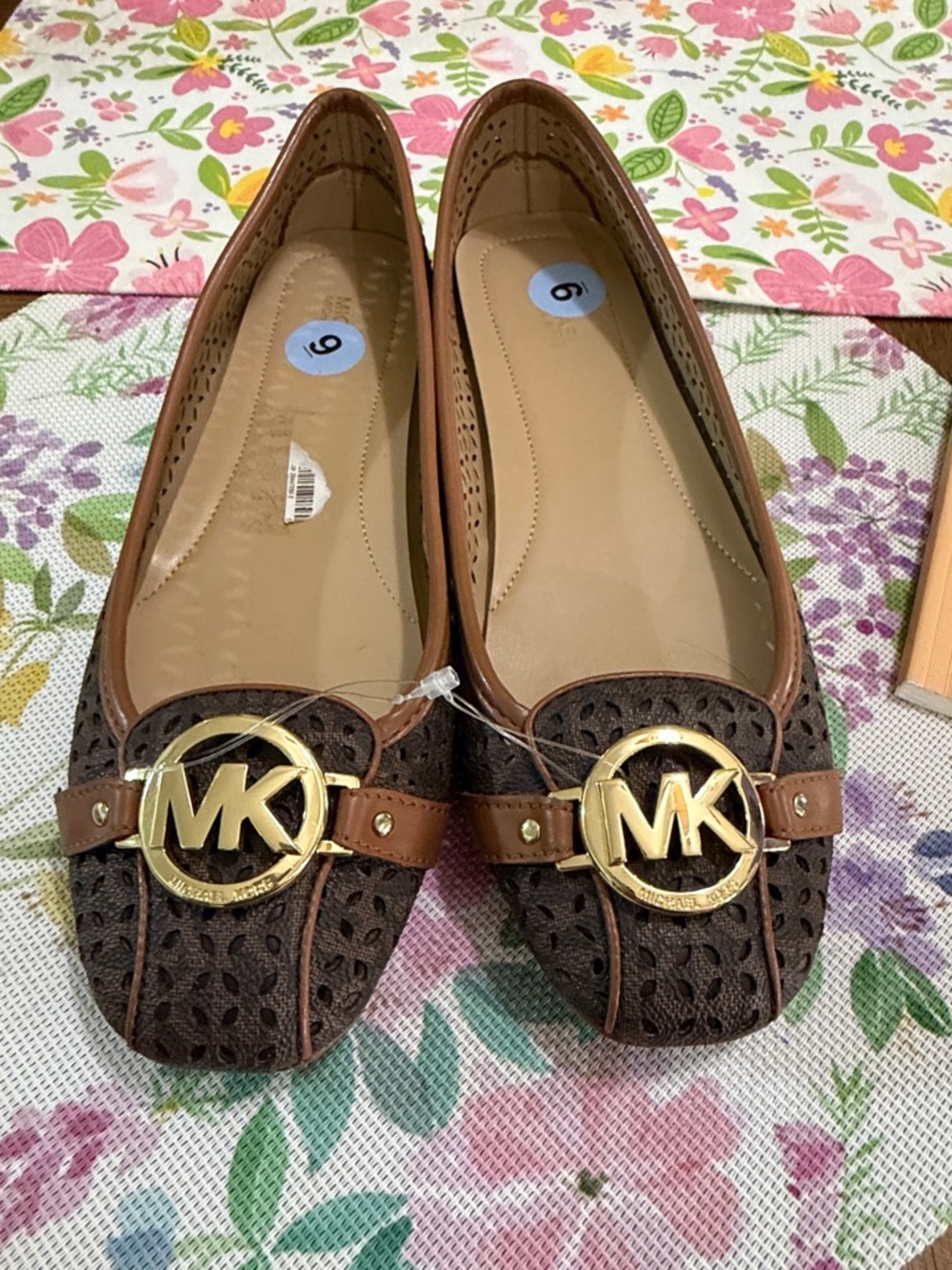 MICHAEL Michael Kors Brown Perforated MK Logo Ballet Flats with Gold Hardware